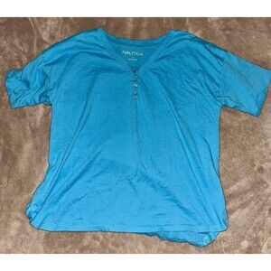 Nautica Shirt Women’s Large Teal Blue Henley Tee Short Sleeve Adult Top Size S